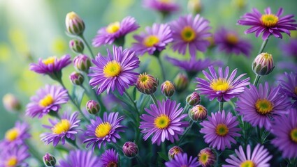 Purple daisies with yellow centers in a garden, showing vibrant blooms and buds. Bright and colorful floral display. Nature and gardening theme.