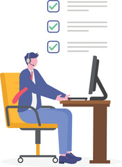 Flat illustration of consultant communicating task checklist during voice call using headset in business workflow system
