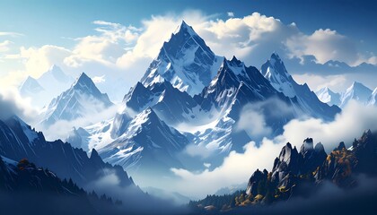Majestic Snow-Capped Mountain Range, Clouds, and Peaks.