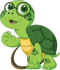 Cute cartoon turtle wearing glasses, smiling green turtle with shell and spots, friendly character illustration, kid-friendly vector art design