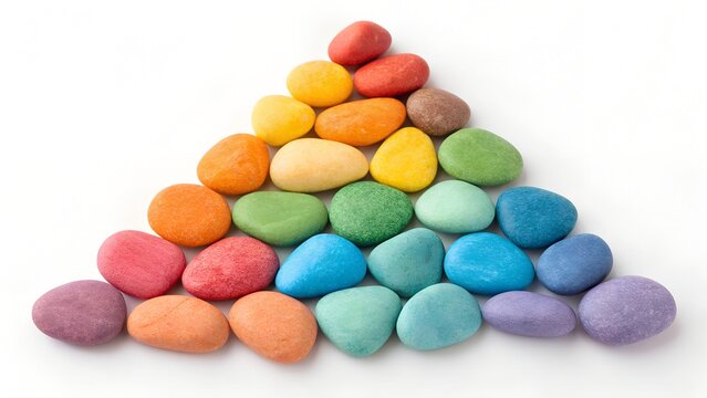 A vibrant and orderly arrangement of small, smooth stones forms a triangular shape against a stark white background. The stones are meticulously placed in horizontal rows, each row representing a diff