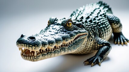 Obraz premium Crocodile reptile with sharp teeth and textured skin, close-up shot. Wild animal, predator, aquatic creature. The animal of the freshwater environment.