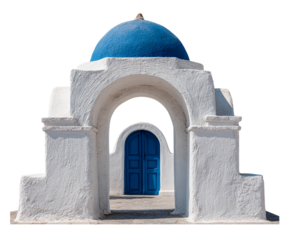 Traditional Greek archway with white plaster and blue dome, white background