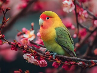 Japanese Lovebird Grace: Peach-Faced Pet on Blooming Cherry Blossom Branch