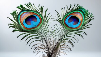 Obraz premium Peacock feathers displaying vibrant colors and intricate patterns against a plain background. Natural beauty and elegance. Ornamental bird feathers.