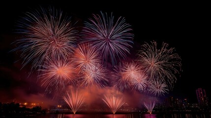 Multicolor fireworks erupt in geometric patterns above urban skyline, perfect for event promotions, travel posters, or festive advertising backgrounds.