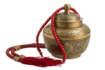 Small Brass Urn With Red Cords Designed Traditional Detail Free on AI generated by PNG
