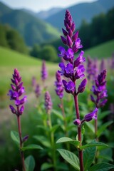 Fototapeta premium Salvia nemorosa flowers against a natural background, wild sage, purple, salvia nemorosa