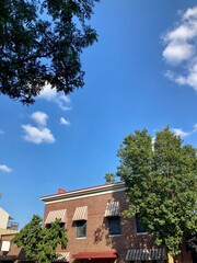 striped awnings on old building