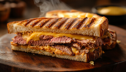 A delicious grilled sandwich filled with tender meat and melted cheese, served on a rustic wooden board.
