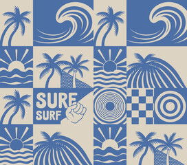 An eye-catching design featuring iconic surfing symbols such as palm trees and waves, representing the energetic spirit of surf culture and coastal lifestyle.