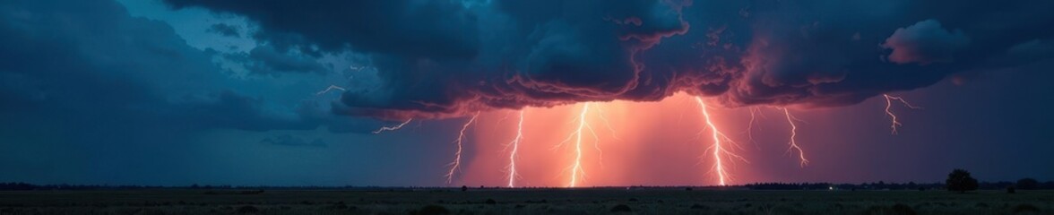 Thunderstorm brews on the horizon with dark clouds and lightning, rough, stormy