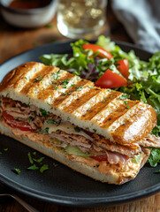 A delicious sandwich loaded with fresh ingredients on a plate, served with a side of vibrant salad.