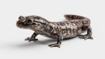 Naklejka premium A detailed close-up captures a small amphibian, possibly a salamander, against a stark white backdrop. Its black and orange patterned skin is highly textured, and its small limbs are clearly visible