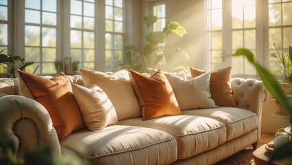 Fototapeta premium A cozy living room sofa with cushions in warm tones, illuminated by sunlight filtering through large windows, surrounded by green plants.