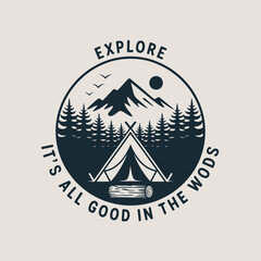 A picturesque camping scene under a bright sun showcasing a tent, logs, towering pine trees, and majestic mountains, inviting one to enjoy the great outdoors.