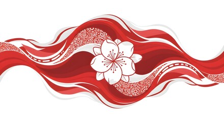 Close-up flat lay of a stylized cherry blossom design element, featuring flowing red and white abstract waves, conveying a serene and elegant mood against a clean white