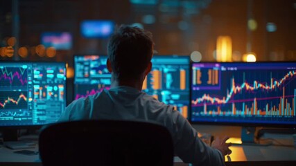 Stock market trader monitoring candlestick chart on computer screen for financial investment and trading - Powered by Adobe