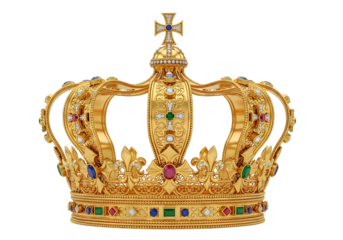 Luxurious ornate gold crown adorned with colorful gemstones and intricate designs perfect for