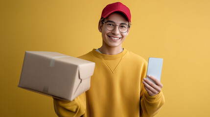 Delivery person reaching doorbell with elbow while balancing parcel