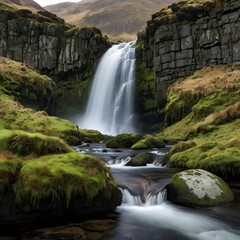 "Scottish Highlands Waterfall with Mossy Rocks, Sunlit Mist, and Granite Cliffs – Tranquil Nature Photography."