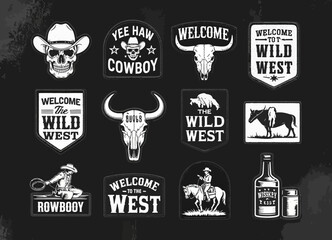 This artistic collection of stylish patches features elements of wild west life, celebrating cowboy culture through vivid designs, icons, and symbolic messages of adventure.