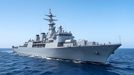 Majestic modern warship sails through deep blue ocean under clear sky, embodying power and defense.