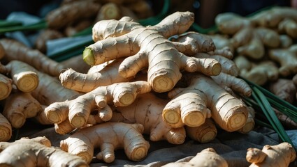 Fresh ginger roots at a market stall.