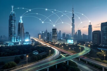 Fototapeta premium Smart City Skyline with Holographic Transportation Network and Glowing Roads
