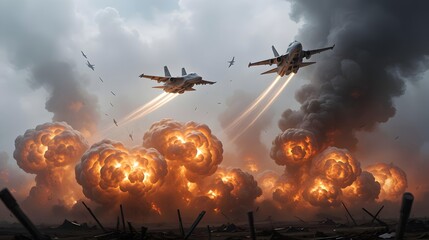 Fighter jets soar over intense explosions and smoke, dramatic aerial combat scene