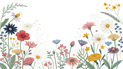 Delicate Hand Drawn Floral Border With Blooming Wildflowers And Daisies, PNG, isolated on transparent background.