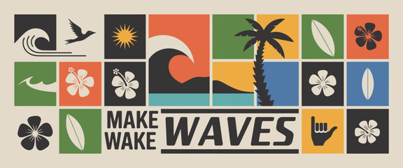 An artistic representation featuring surf elements and floral designs evoking a chill beach vibe, beckoning surfers and summer lovers to make memories.