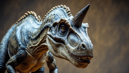 Obraz premium Close-up of a dinosaur, specifically a Triceratops, showing detailed textures and features. Prehistoric creature. Dinosaur models or replicas.