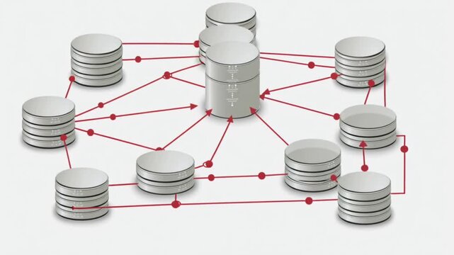 Distributed database network visualization with connected nodes and data flow lines on white background