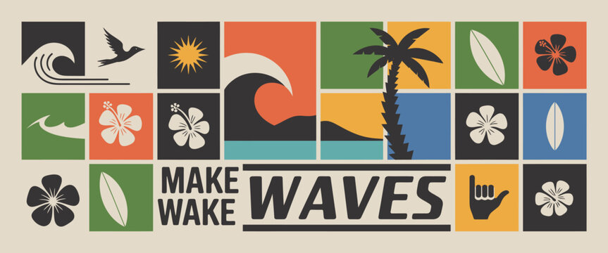 An artistic representation featuring surf elements and floral designs evoking a chill beach vibe, beckoning surfers and summer lovers to make memories.