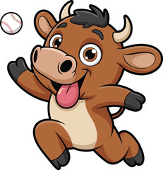 Funny cartoon bull jumping with baseball, happy animal mascot, farm character for kids, playful vector drawing, energetic sports clipart