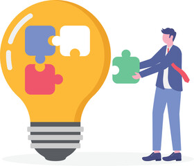 Flat illustration of businessman analyzing floating puzzle pieces around glowing lightbulb symbolizing creative thinking and strategic problem solving
