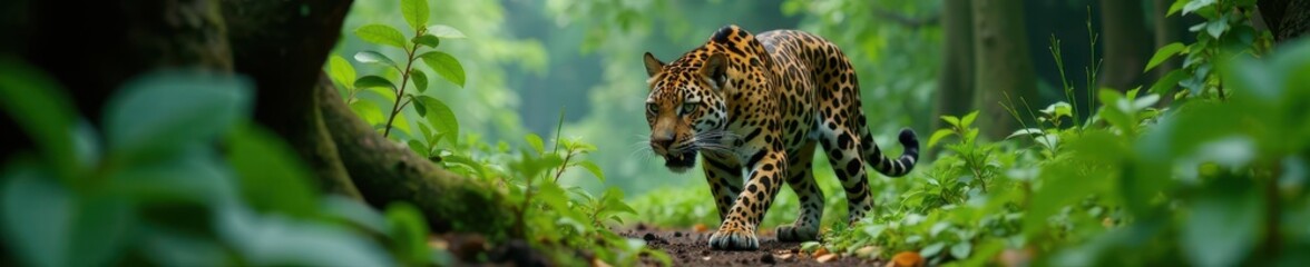Obraz premium Jaguar stalking prey through dense underbrush, underbrush, forest