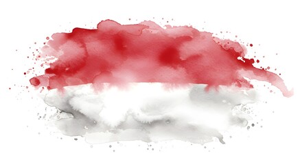 Watercolor painting of the Indonesian flag, showing red and white splatters against a white background, in a loose painterly style conveying a patriotic mood.