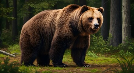 Fototapeta premium A brown bear stands in a green forest with tall trees in the background