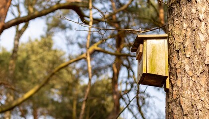 Domek dla ptaków powieszony w lesie  © pat