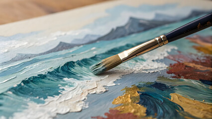 Obraz premium Brushstrokes of Creativity: A painter's hand delicately guides a brush across a canvas, transforming the canvas into a vibrant seascape in a captivating studio scene. 
