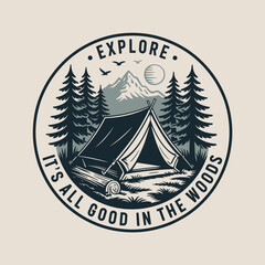 An inviting camping scene featuring a spacious tent, gorgeous pine trees, majestic mountains, and a bright sun, encouraging outdoor adventures and relaxation in nature.