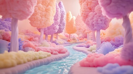 Dreamy Fantasy Landscape with Colorful Trees and Serene River in a Soft Pastel Color Palette Surrounded by Lush Cotton Candy-Like Foliage