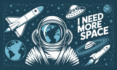 This image features an astronaut helmet with Earth inside, surrounded by rockets and planets, illustrating the concept of space exploration and the universe.