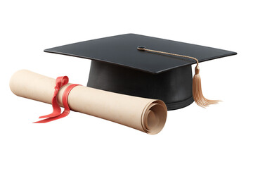  Graduation cap and diploma scroll, white background