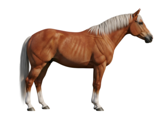 Majestic brown and white horse standing gracefully against a solid black background