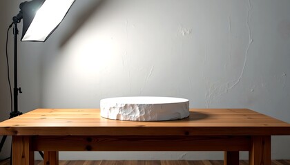 a still-life shot of a creamy cheese on a wooden table, illuminated by a soft studio light. The scene evokes a sense of simple elegance and the appreciation of fine food