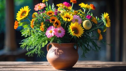 Colorful bouquet of flowers in a clay pot, including sunflowers and pink blossoms, arranged on a wooden table.