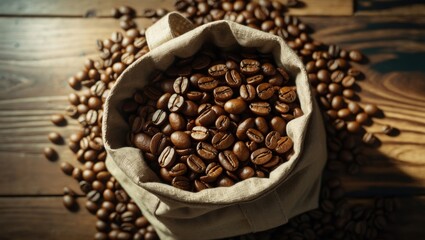Fototapeta premium Bag of coffee beans with scattered beans on wooden surface.